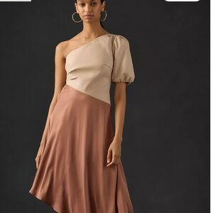Anthropologie One-Shoulder Midi Dress in Beige and Brown